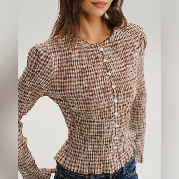 Brown Plaid Shirred Poet Sleeve Blouse - Picture 2 of 6